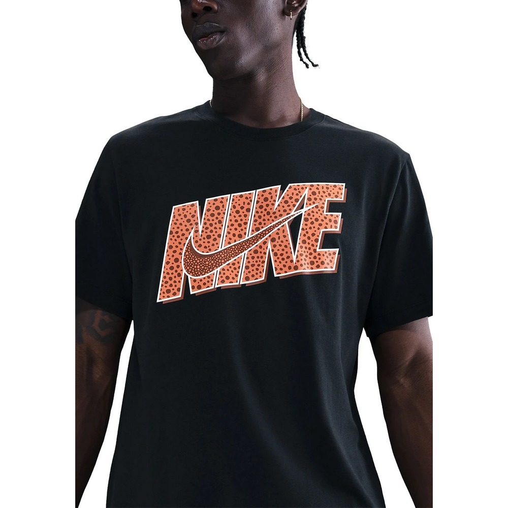 Nike T-Shirt Mens Size L Black Orange Cheetah Safari Print Graphic Swoosh Tee